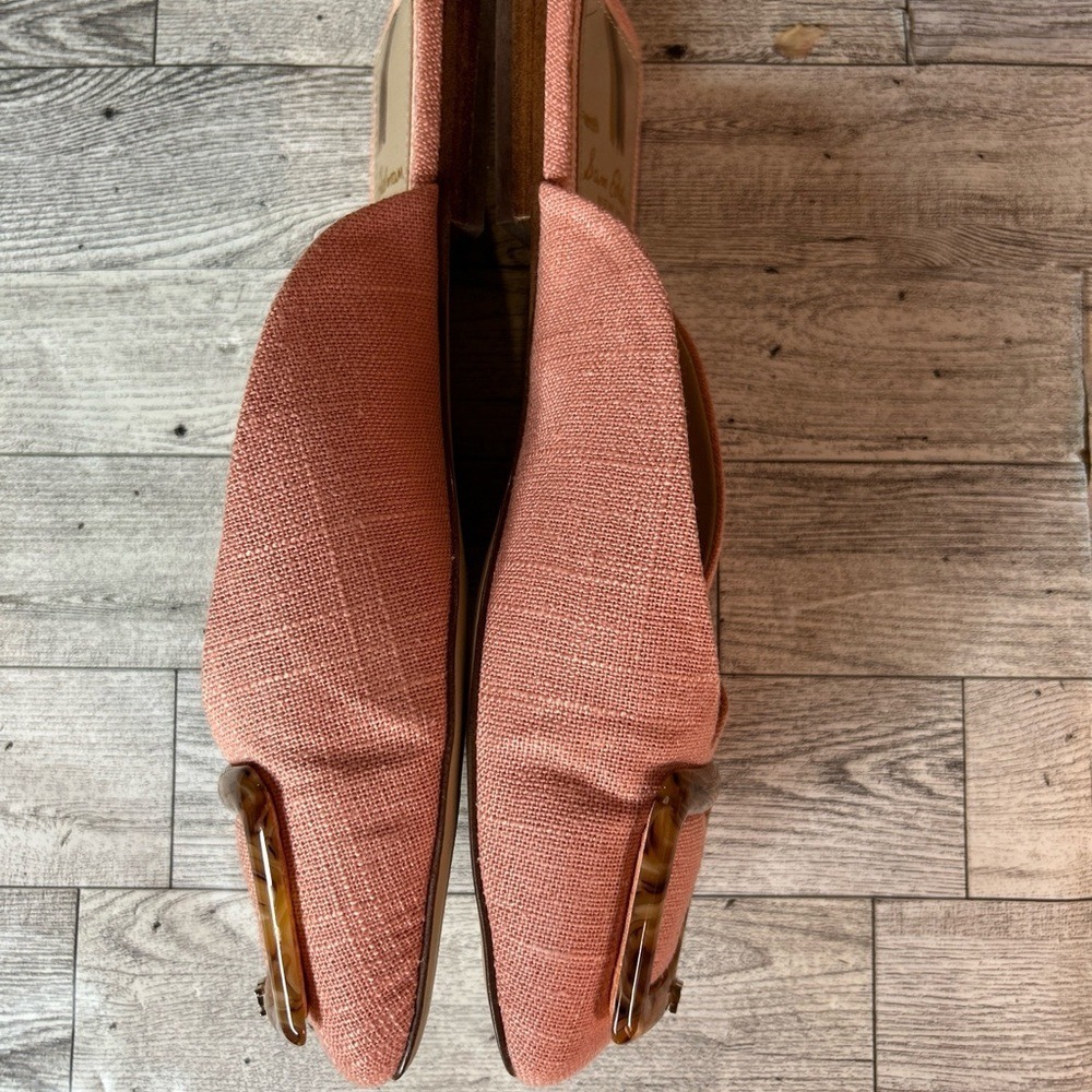 Sam Edelman Aris Mules Size 6 Coral Pink Raffia Tortoise Buckle Square Toe Flats - Picture 5 of 11